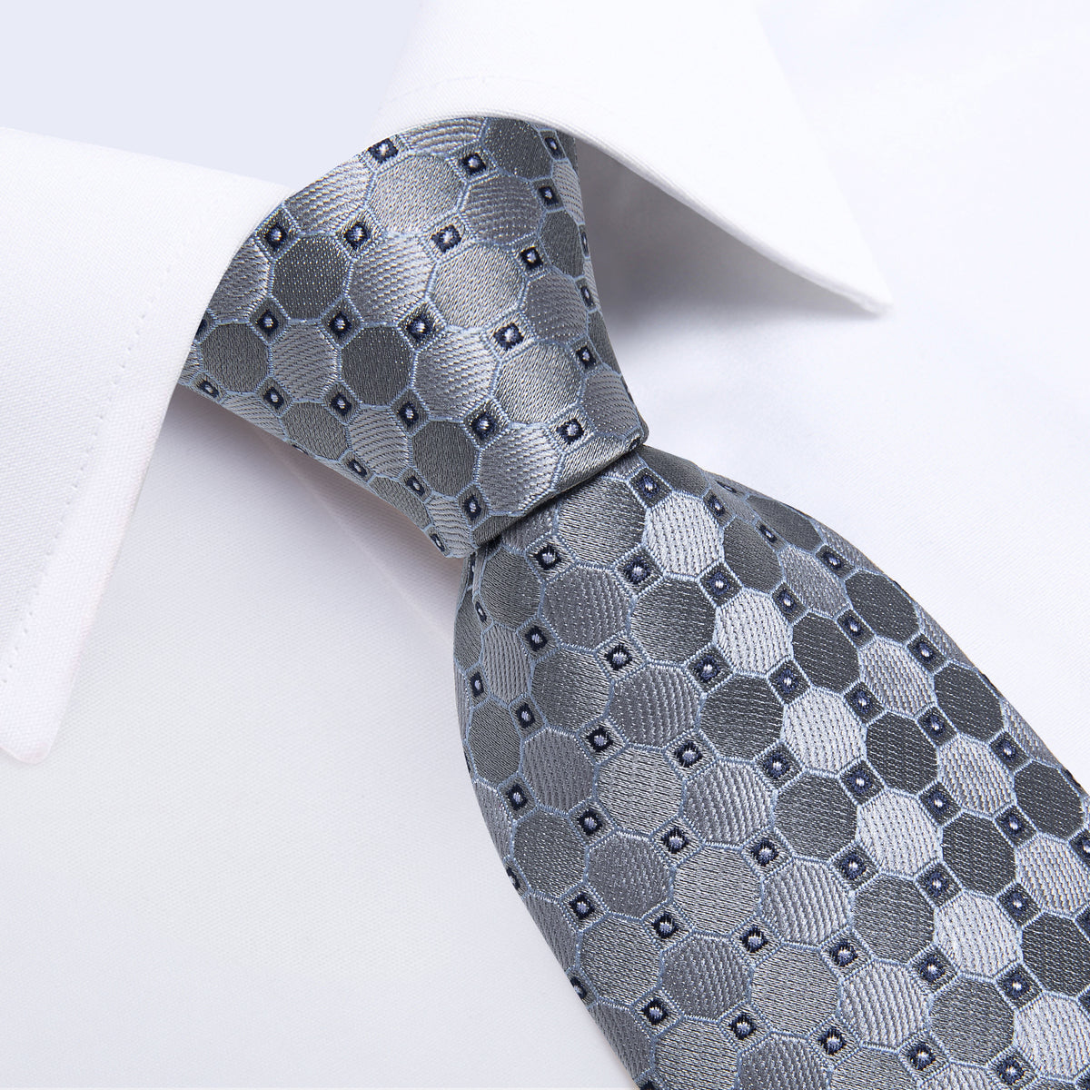Silver Geometric Tie, Pocket Square, Cufflinks and Tie Clip tie sets    - Sophisticated Gentlemen