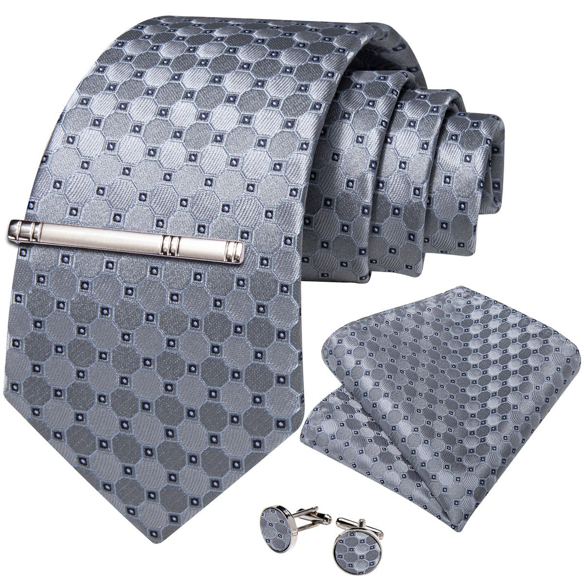 Silver Geometric Tie, Pocket Square, Cufflinks and Tie Clip tie sets    - Sophisticated Gentlemen