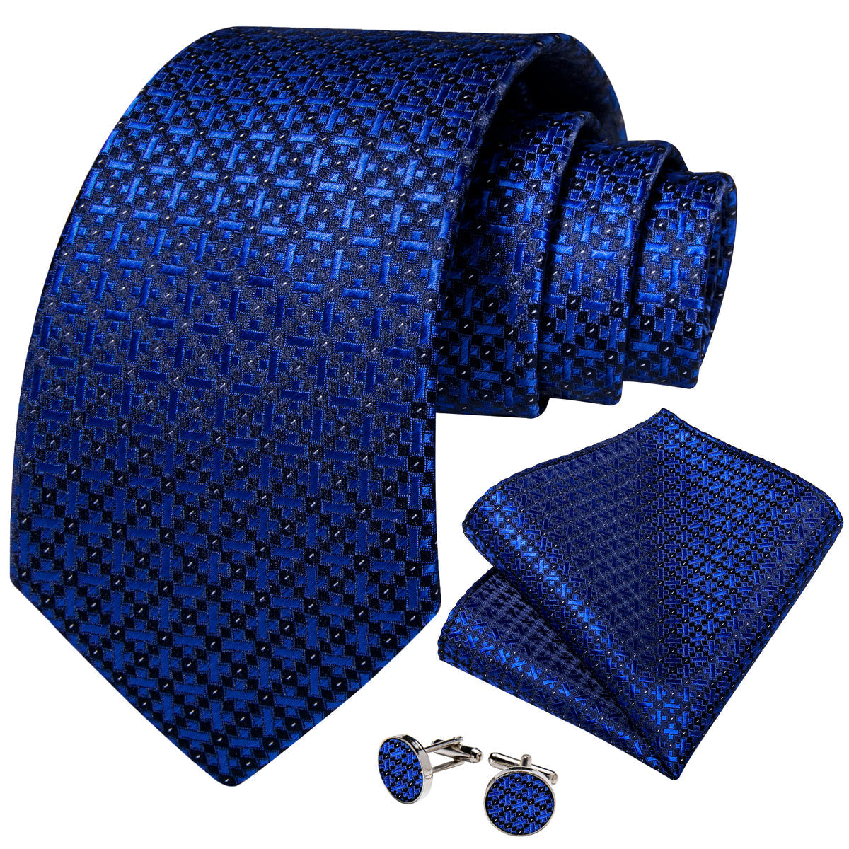 Blue and Black Geometric Silk Tie, Pocket Square and Cufflinks tie sets - Sophisticated Gentlemen