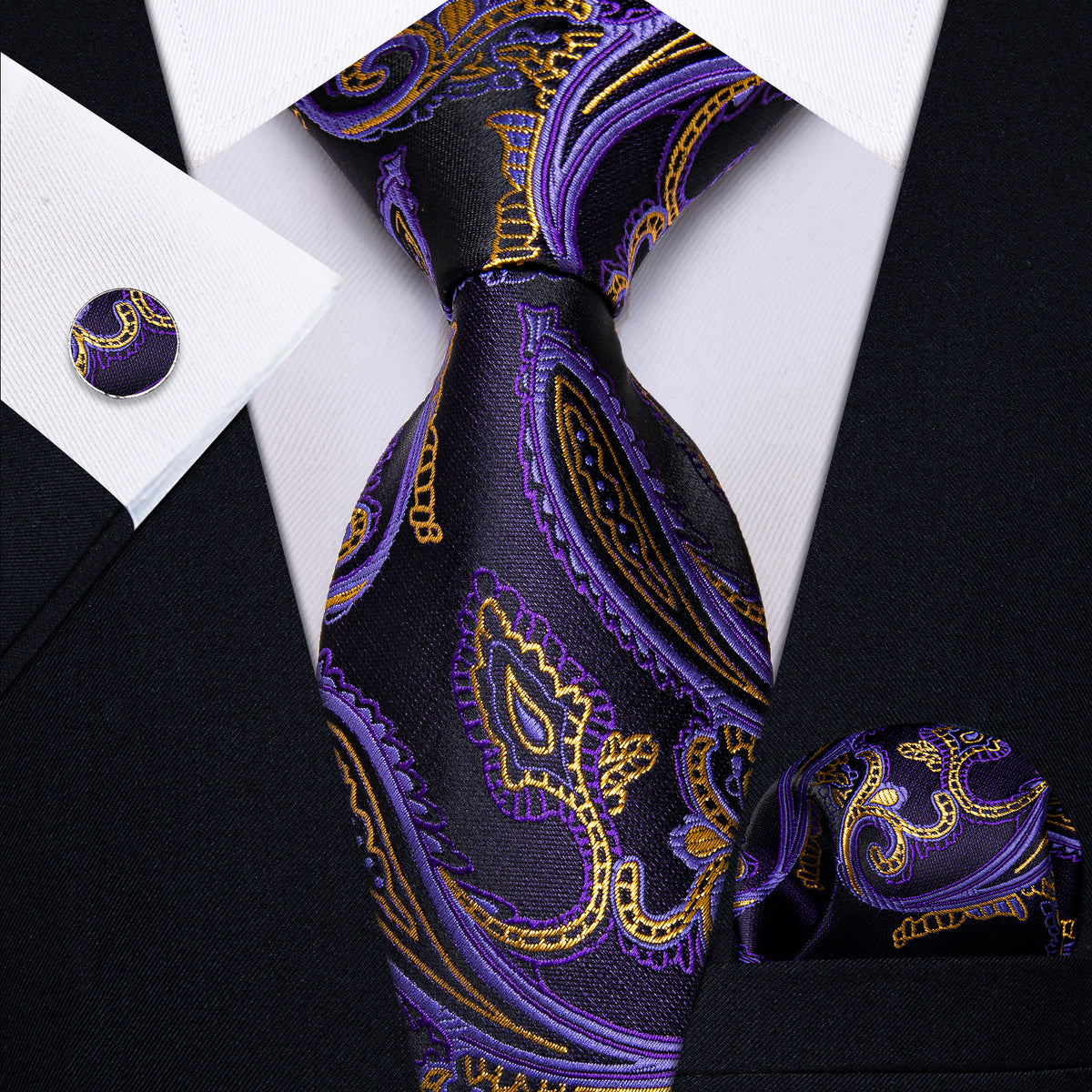 Gold and Purple Paisley Silk Tie, Pocket Square and Cufflinks tie sets - Sophisticated Gentlemen