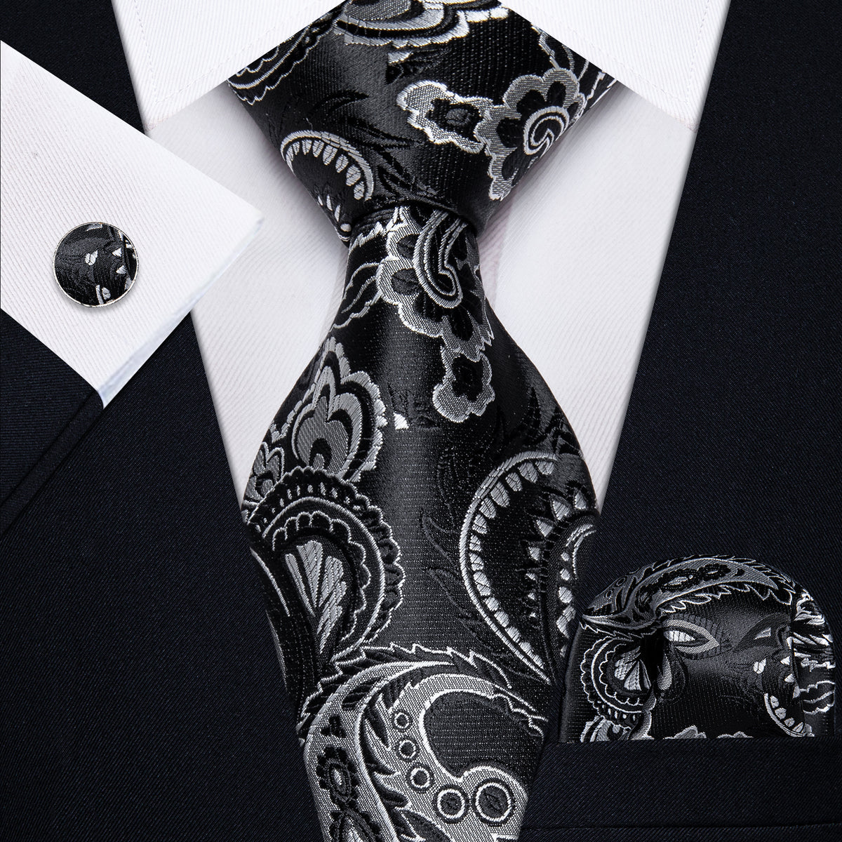 Black and Silver Paisley Silk Tie, Pocket Square and Cufflinks tie sets - Sophisticated Gentlemen