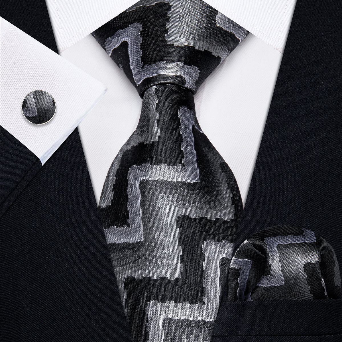 Black and Silver Silk Tie, Pocket Square and Cufflinks tie sets    - Sophisticated Gentlemen