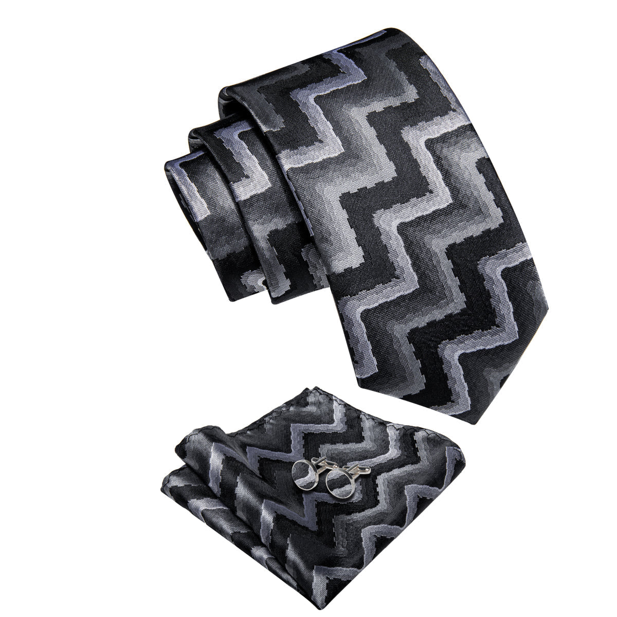 Black and Silver Silk Tie, Pocket Square and Cufflinks tie sets - Sophisticated Gentlemen