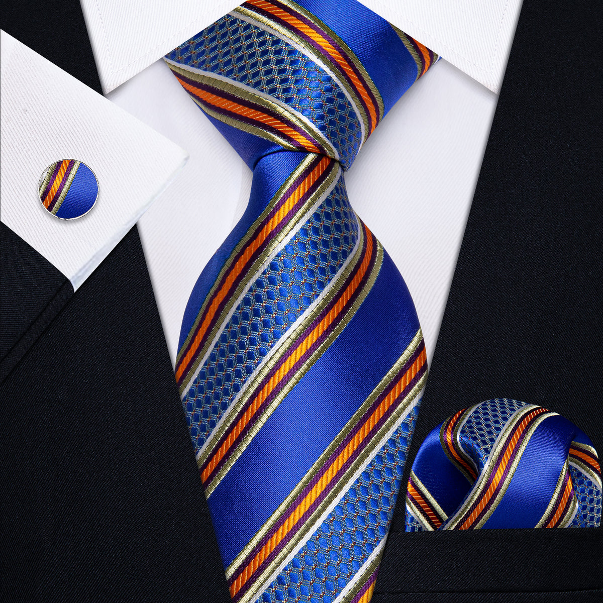 Blue and Orange Striped Silk Tie, Pocket Square and Cufflinks tie sets - Sophisticated Gentlemen