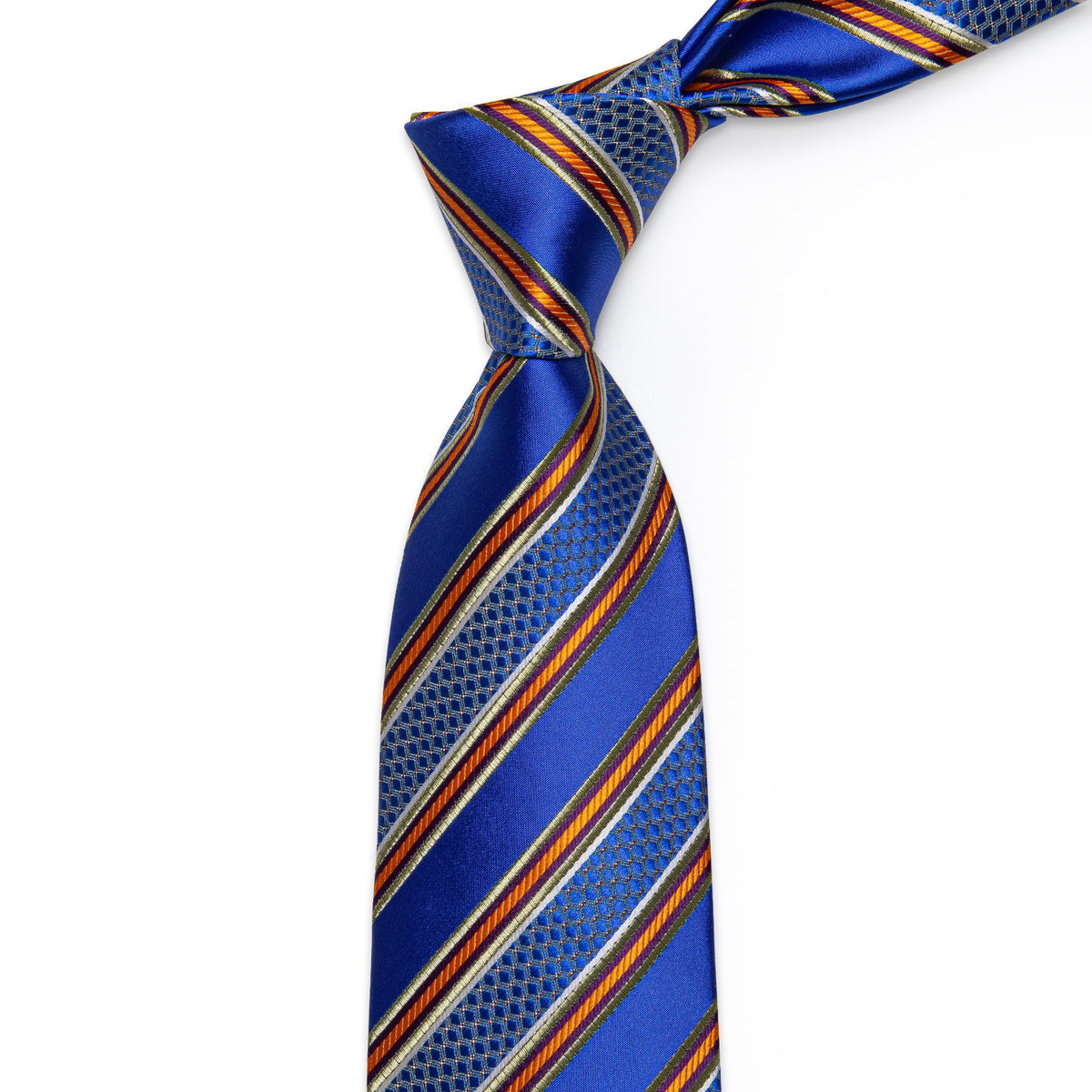 Blue and Orange Striped Silk Tie, Pocket Square and Cufflinks tie sets    - Sophisticated Gentlemen