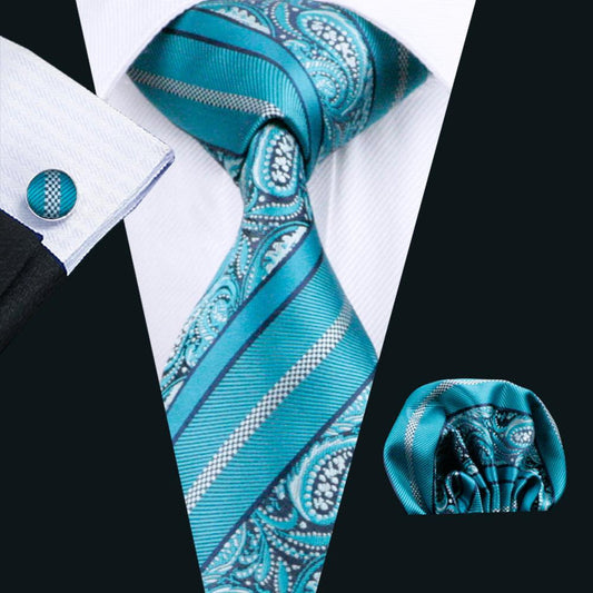 Cyan Paisley Silk XL Tie, Pocket Square and Cufflinks tie sets    - Sophisticated Gentlemen