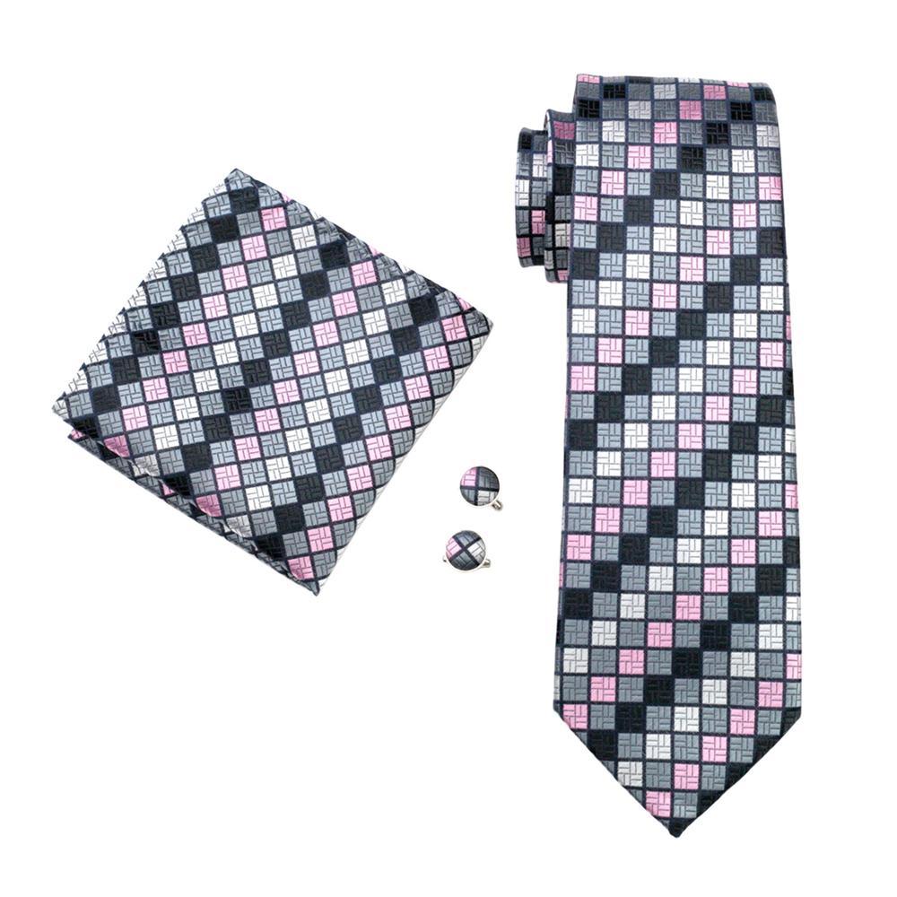 Pink Gray Plaid Silk Tie, Pocket Square and Cufflinks Set tie sets - Sophisticated Gentlemen