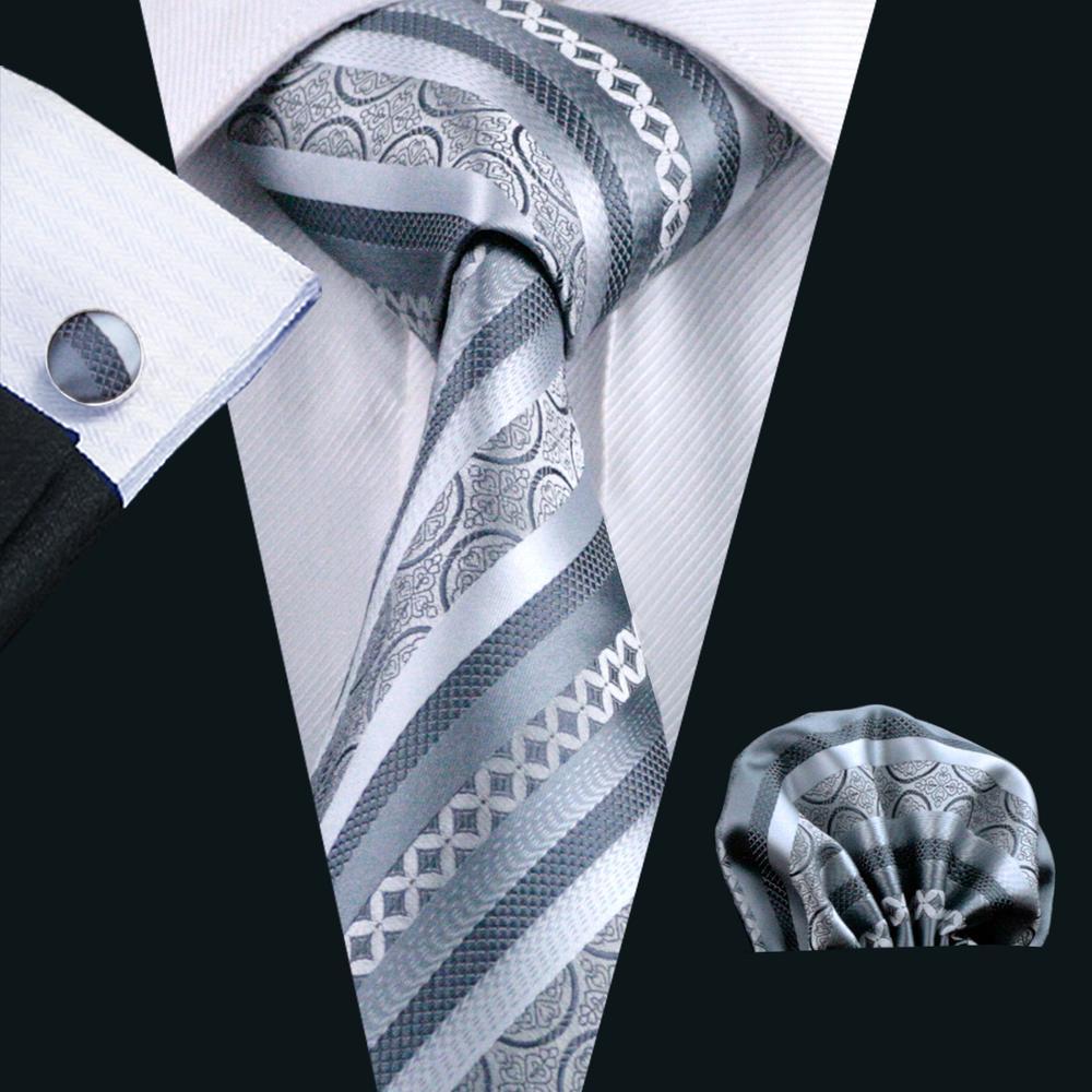 Silver Gray Striped Tie, Pocket Square and Cufflinks Set tie sets - Sophisticated Gentlemen