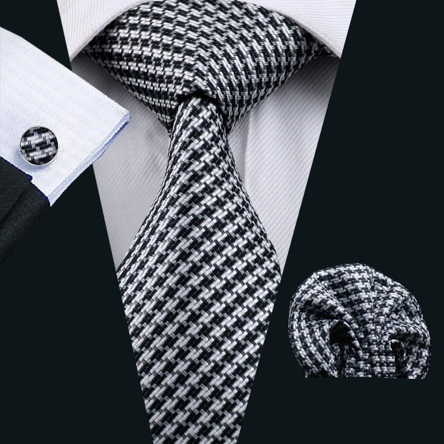 White and Black Houndstooth XL Tie, Pocket Square and Cufflinks tie sets - Sophisticated Gentlemen