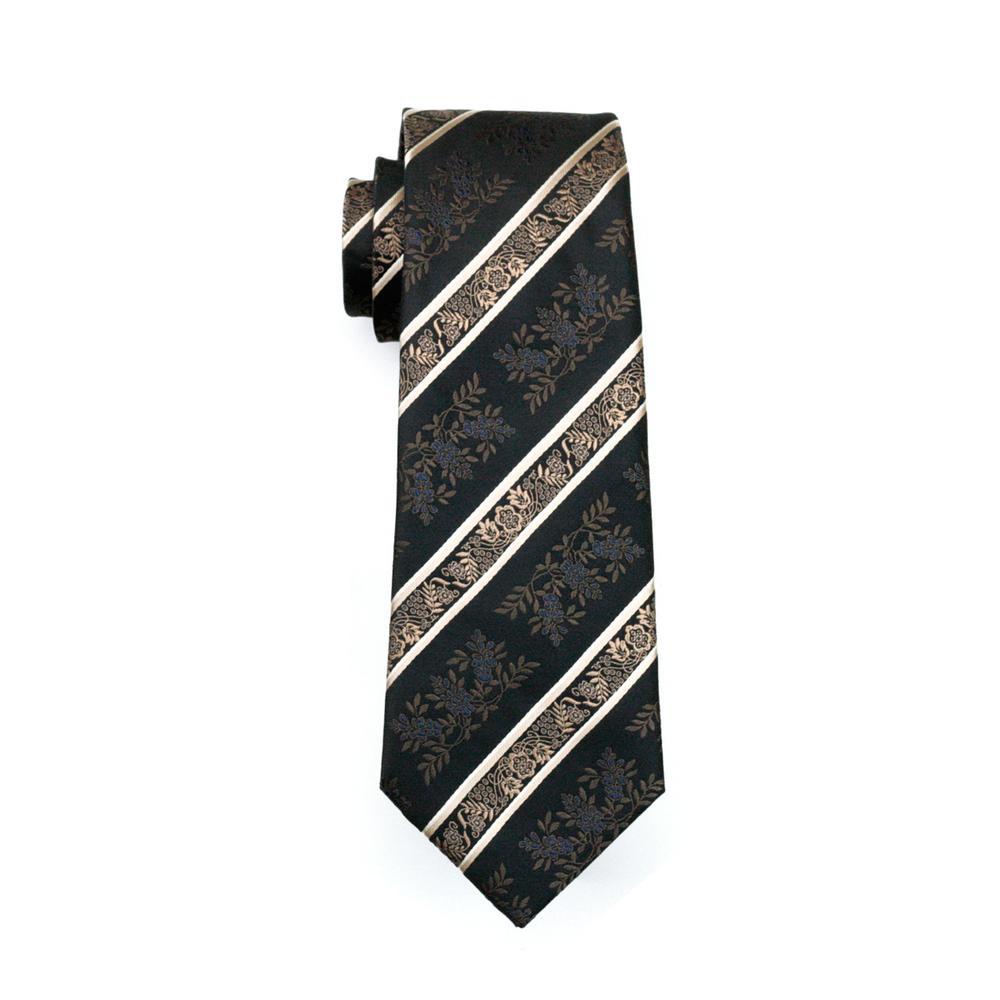 Black Champagne Beige Floral Tie, Pocket Square and Cufflinks Set tie sets - Sophisticated Gentlemen