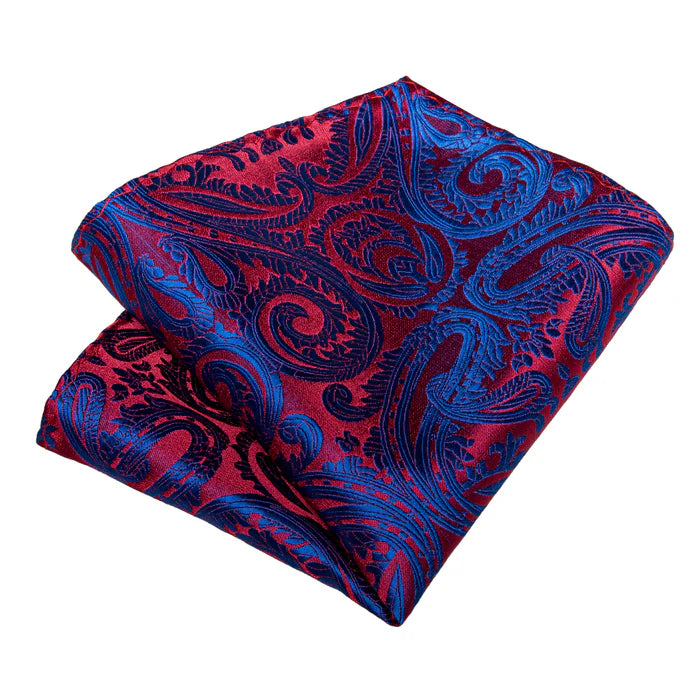 Red Blue Floral Silk Tie, Pocket Square and Cufflinks Set