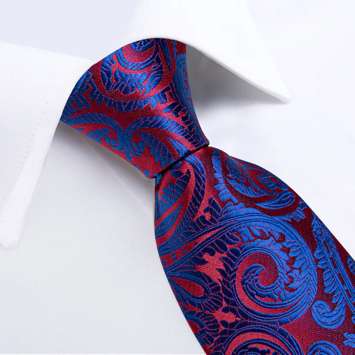Red Blue Floral Silk Tie, Pocket Square and Cufflinks Set
