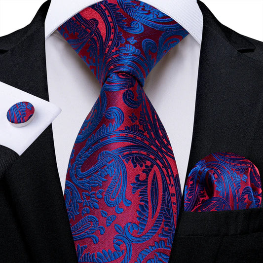 Red Blue Floral Silk Tie, Pocket Square and Cufflinks Set