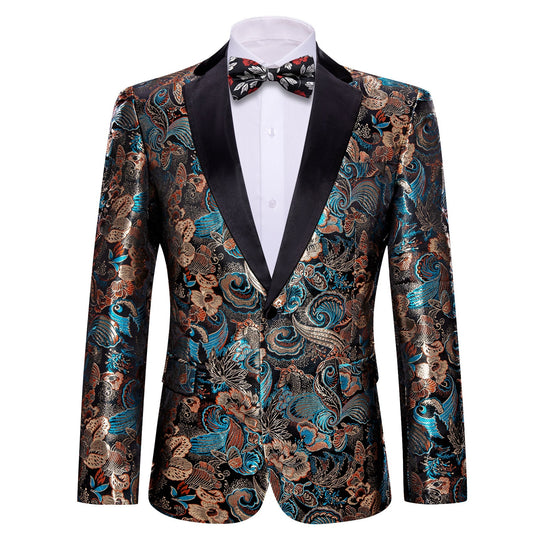 Floral Blue and Gold Tuxedo Jacket tuxedo S (38)   - Sophisticated Gentlemen