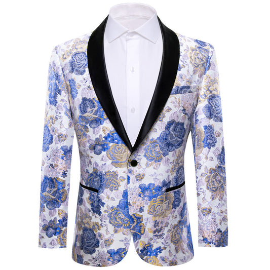 Blue White Gold Floral Flower Men's Tuxedo Jacket tuxedo S (38)   - Sophisticated Gentlemen