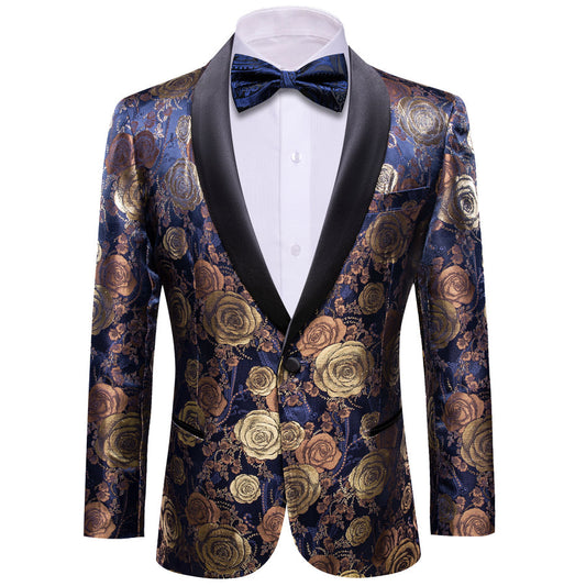Gold Blue Brown Floral Rose Men's Tuxedo Jacket tuxedo S (38)   - Sophisticated Gentlemen