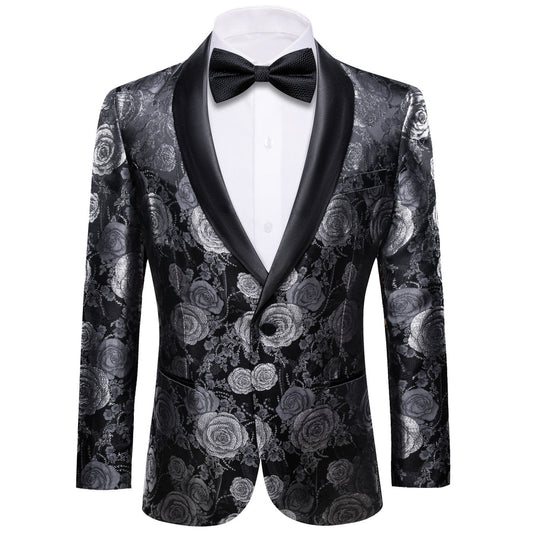 Silver Gray and Black Floral Rose Men's Tuxedo Jacket tuxedo S (38)   - Sophisticated Gentlemen