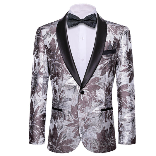 Silver Rosy Brown Floral Men's Tuxedo Jacket tuxedo S (38)   - Sophisticated Gentlemen