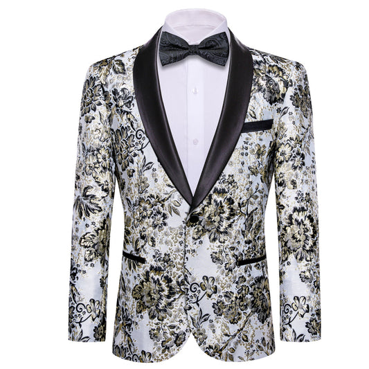 White Black Tan Floral Men's Tuxedo Jacket tuxedo S (38)   - Sophisticated Gentlemen