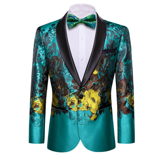 Dark Turquoise Black Yellow Floral Men's Tuxedo Jacket tuxedo S (38)   - Sophisticated Gentlemen