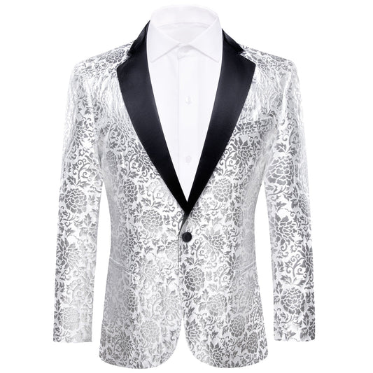 White and Silver Floral Tuxedo Jacket tuxedo S (38)   - Sophisticated Gentlemen