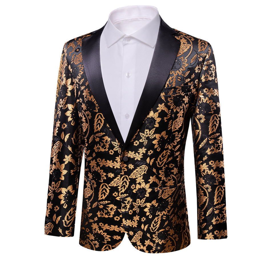 Gold and Black Floral Flower Men's Tuxedo Jacket tuxedo - Sophisticated Gentlemen