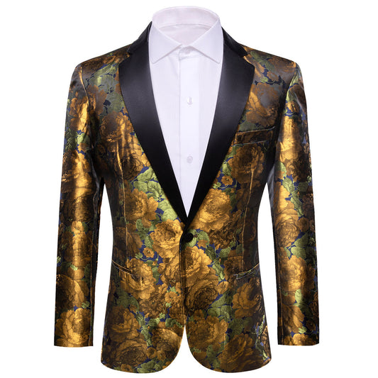 Gold and Green Floral Tuxedo Jacket tuxedo S (38)   - Sophisticated Gentlemen