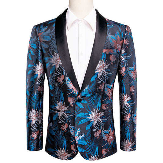 Black Blue White Epiphyllum Floral Men's Tuxedo Jacket tuxedo S (38)   - Sophisticated Gentlemen