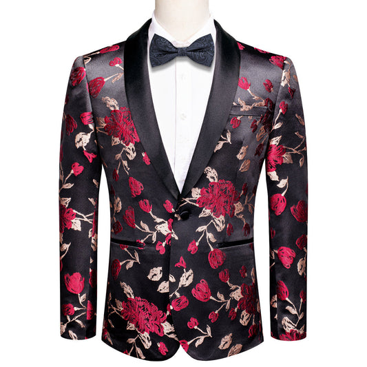 Black and Red Embroidered Floral Men's Tuxedo Jacket tuxedo S (38)   - Sophisticated Gentlemen