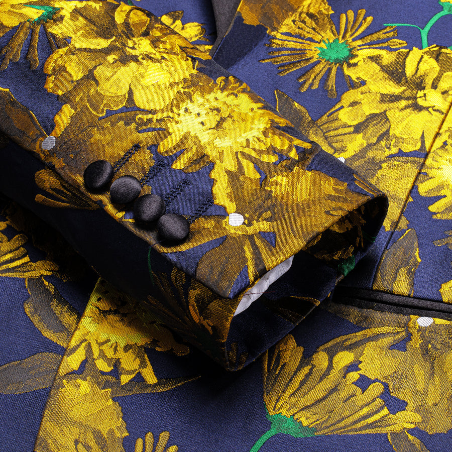 Blue and Gold Embroidered Floral Men's Tuxedo Jacket tuxedo - Sophisticated Gentlemen