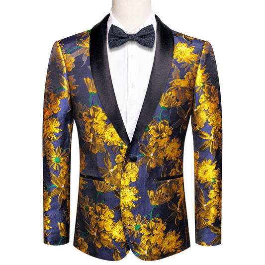 Blue and Gold Embroidered Floral Men's Tuxedo Jacket tuxedo S (38)   - Sophisticated Gentlemen