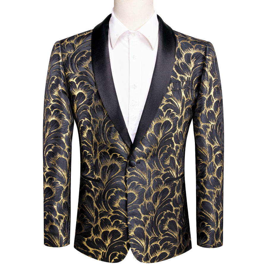 Luxury Black Gold Feather Men's Tuxedo Jacket tuxedo - Sophisticated Gentlemen