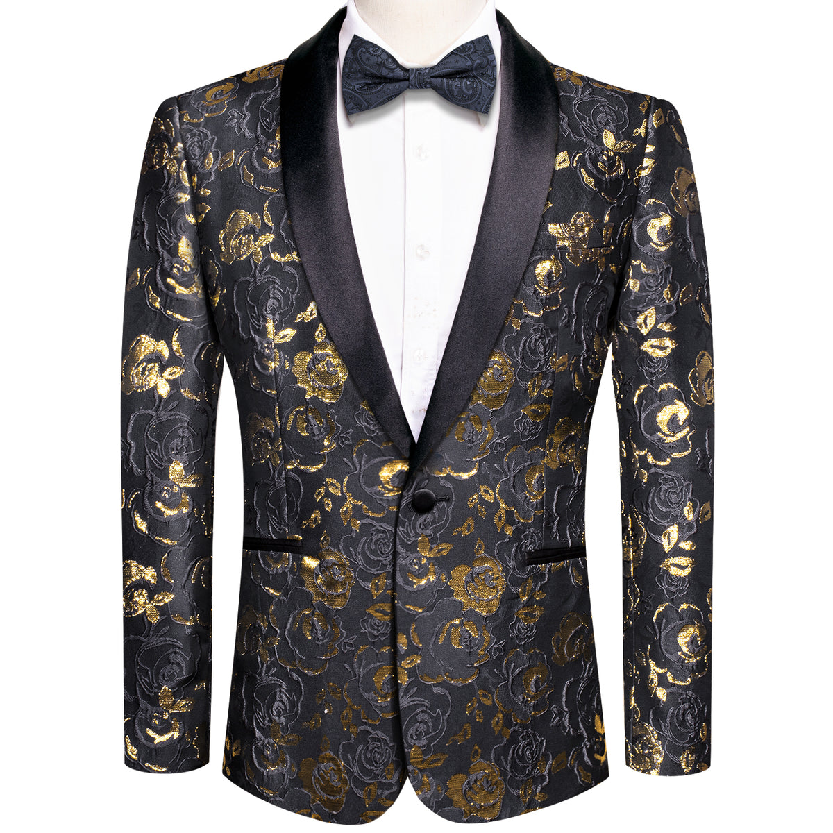 Golden Rose Elegance: Black Floral Jacquard Tuxedo Jacket tuxedo S (38) - Sophisticated Gentlemen