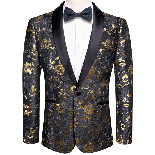 Golden Rose Elegance: Black Floral Jacquard Tuxedo Jacket tuxedo S (38)   - Sophisticated Gentlemen