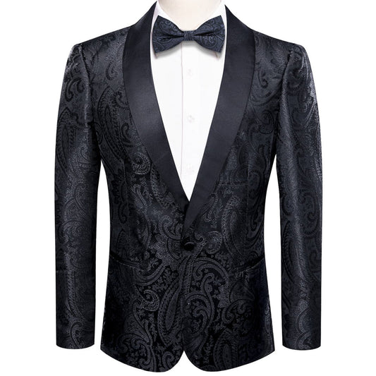 Coal Black Floral Jacquard Shawl Collar Suit Tuxedo Jacket tuxedo S (38)   - Sophisticated Gentlemen