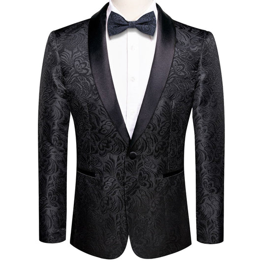 Black Floral Shawl Collar Silk Tuxedo Jacket tuxedo S (38)   - Sophisticated Gentlemen