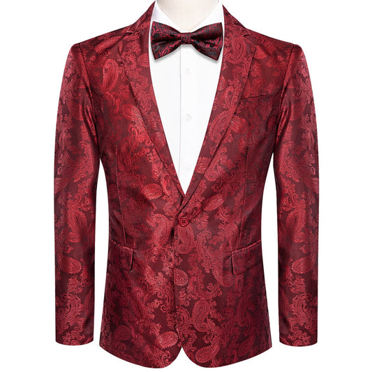 Cherry Red Paisley Notched Collar Silk Suit Tuxedo Jacket tuxedo S (38)   - Sophisticated Gentlemen