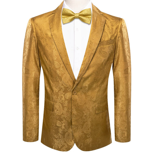 Yellow Paisley Notched Collar Silk Suit Tuxedo Jacket tuxedo S (38)   - Sophisticated Gentlemen