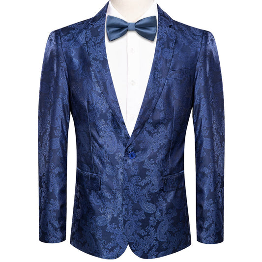 Navy Blue Paisley Notched Collar Silk Suit Tuxedo Jacket tuxedo S (38)   - Sophisticated Gentlemen