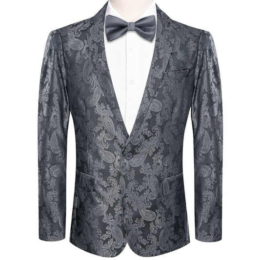 Smoke Gray Paisley Notched Collar Silk Suit Tuxedo Jacket tuxedo S (38)   - Sophisticated Gentlemen