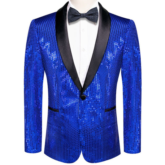 Cobalt Blue Solid Shawl Collar Glitter Men's Suit Tuxedo Jacket tuxedo S (38)   - Sophisticated Gentlemen