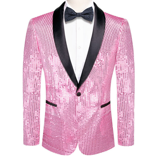 Pink Solid Shawl Collar Glitter Men's Slim Tuxedo Jacket tuxedo S (38)   - Sophisticated Gentlemen