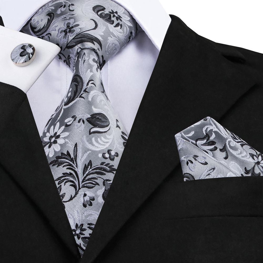 Gray Black Floral Tie, Pocket Square and Cufflinks Set tie sets - Sophisticated Gentlemen