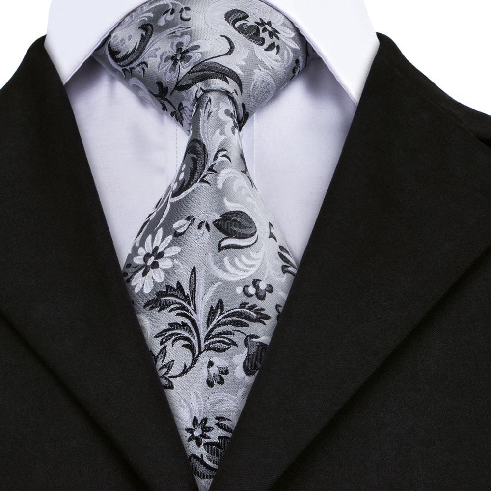Gray Black Floral Tie, Pocket Square and Cufflinks Set tie sets - Sophisticated Gentlemen