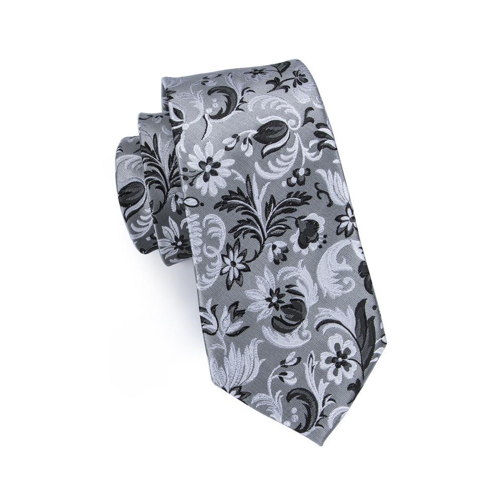 Gray Black Floral Tie, Pocket Square and Cufflinks Set tie sets - Sophisticated Gentlemen