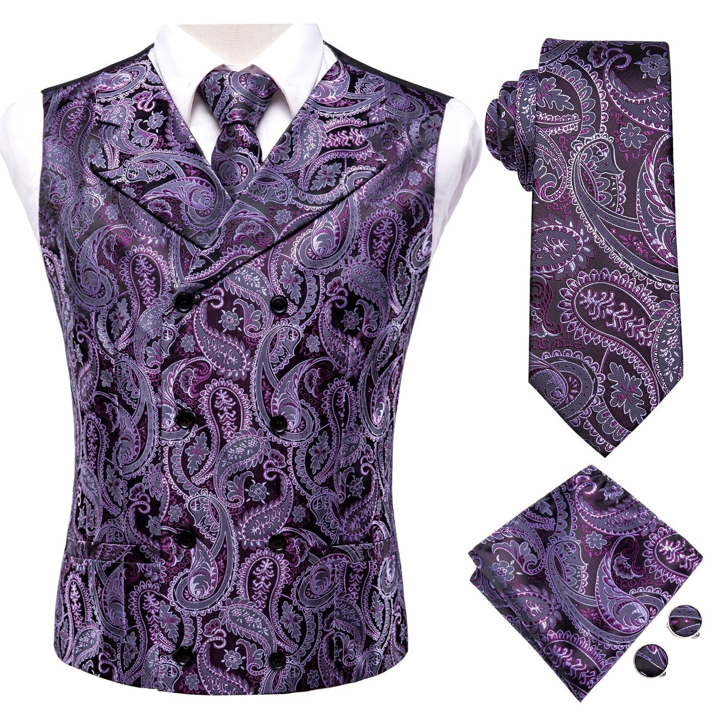 Purple and Black Paisley Vest Set - SOPHGENT