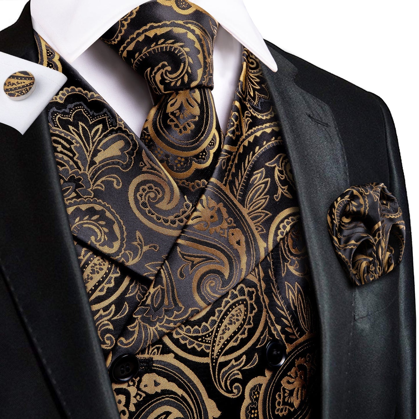 Gold and Black Paisley Vest Set vest set S (Chest 40) - Sophisticated Gentlemen