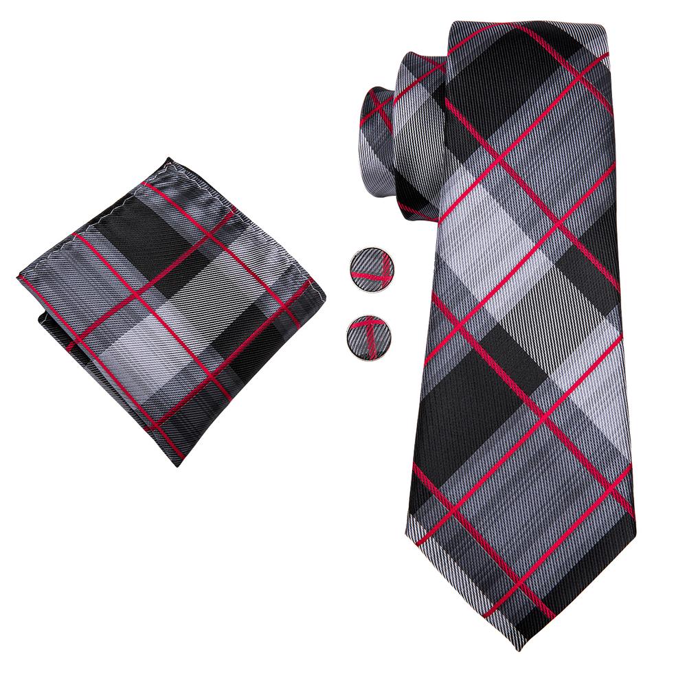 Gray, Black and Red Plaid Tie Set - SOPHGENT