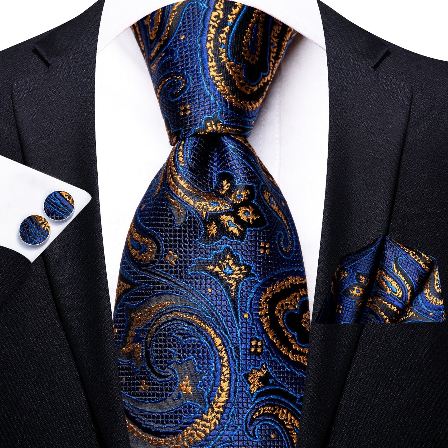 Blue and Gold Paisley Silk Tie, Pocket Square and Cufflinks tie sets - Sophisticated Gentlemen