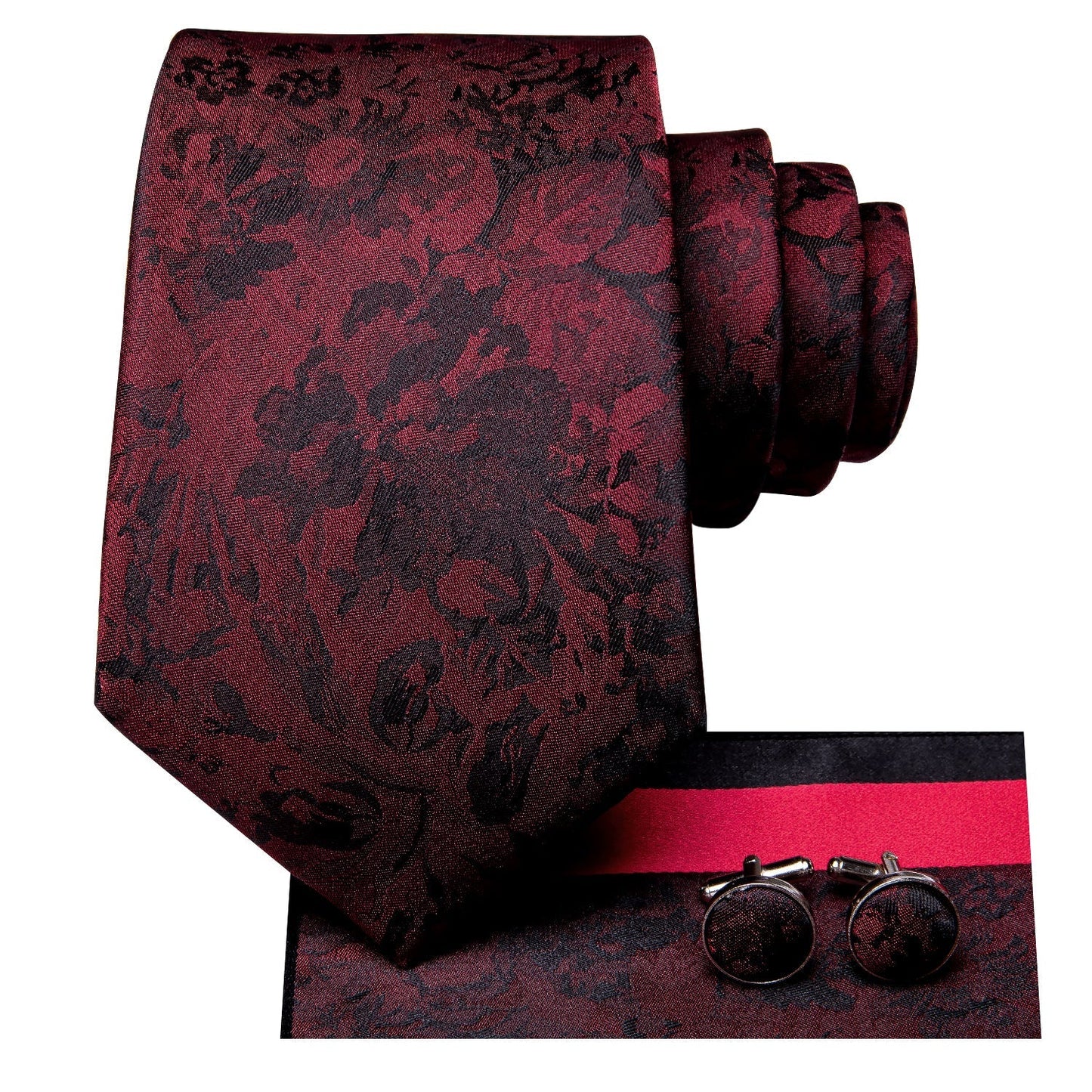 Red and Black Floral Silk Tie, Pocket Square and Cufflinks tie sets - Sophisticated Gentlemen